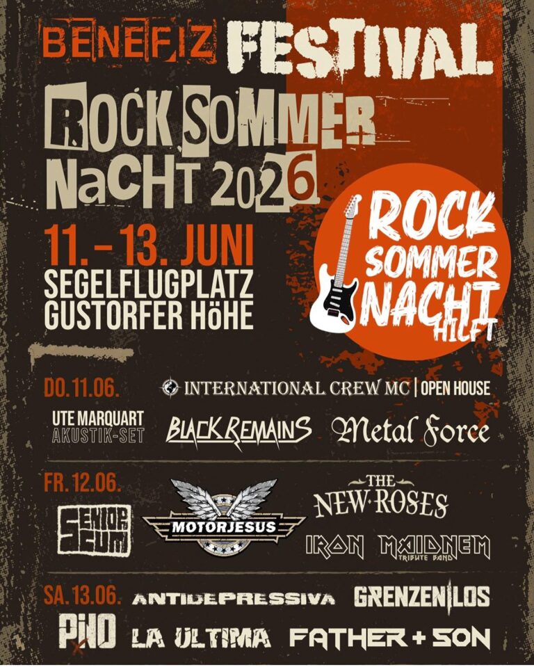 Benefiz, Rock’n’Roll und jede Menge Heavy Vibes:Die Rock Sommer Nacht 2026 lädt vom 11. bis 13. Juni auf den Segelflugplatz Gustorfer Höhe — und das Line-up kann sich mehr als sehen lassen.