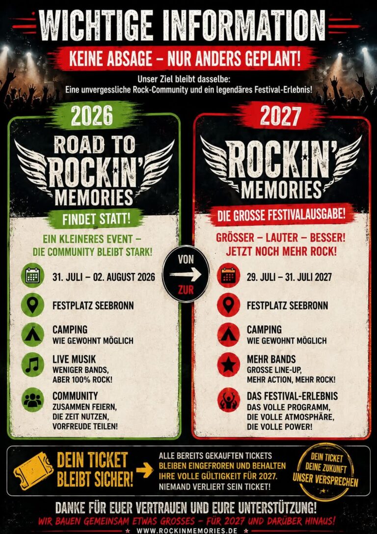 ROCKIN' MEMORIES: FESTIVALAUSGABE AUF 2027 VERSCHOBEN – 2026 FINDET DENNOCH STATT