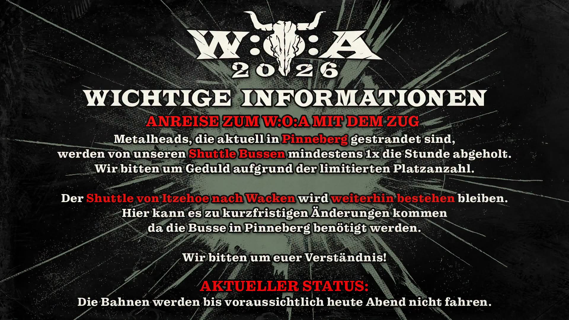 WACKEN OPEN AIR INFORMIERT ÜBER EINGESCHRÄNKTEN BAHNVERKEHR